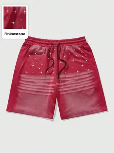 Men's Rhinestone Gradient Red Drawstring Shorts, Casual Street Style Athletic Shorts, Suitable for Summer Fitness and Everyday wear.