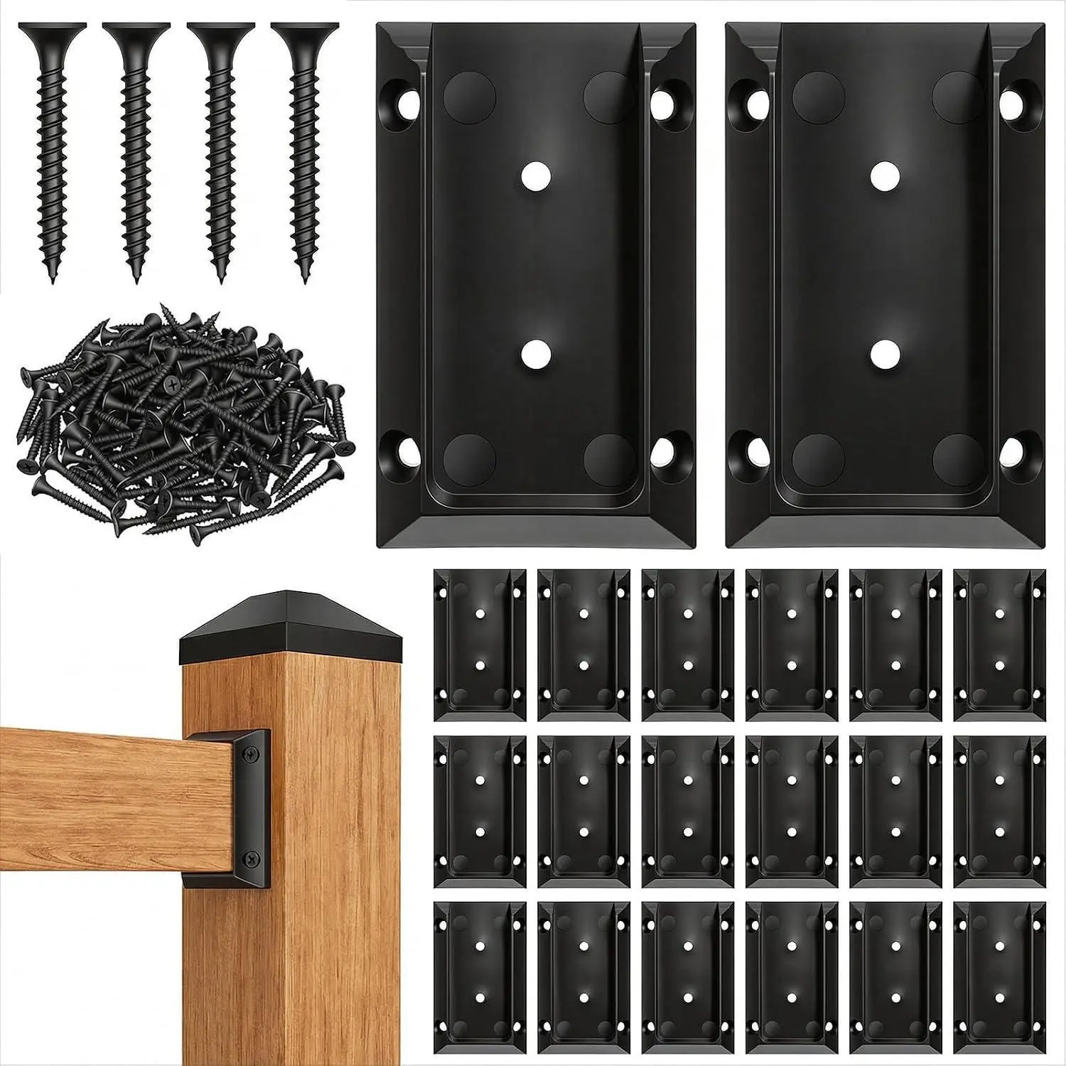 20pcs Deck Railing Brackets Connectors for 2x4 Railing Connectors Wood Adjustable Fence Post Bracket with 120 Screws for Deck Railings Vinyl Porch Handrail Barn and Beam end Connection Installation Tools