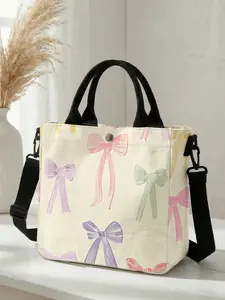 1 piece of colorful bow pattern 2D printed fashion crossbody bag, Bow Shoulder Bags, adjustable shoulder strap + snap closure | Student/Office worker/Going out | A street style essential that combines aesthetic appeal and practicality