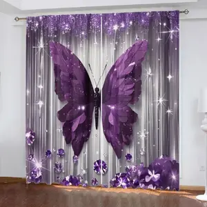Series Butterfly Dance Print Curtain Set, Rod Pocket Design, for Bedroom Office Kitchen Living Room Study, Home Decor Enhancement