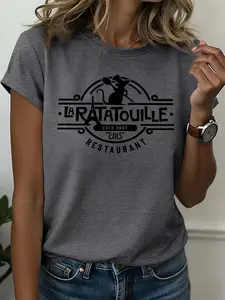 Bestselling "La Ratatouille" Cotton T-Shirt for Women – Remy Chef Restaurant Graphic Crew Neck Short Sleeve, Heather Khaki, Machine Washable Spring & Summer Top, Nostalgic & Stylish, Daily Versatile
