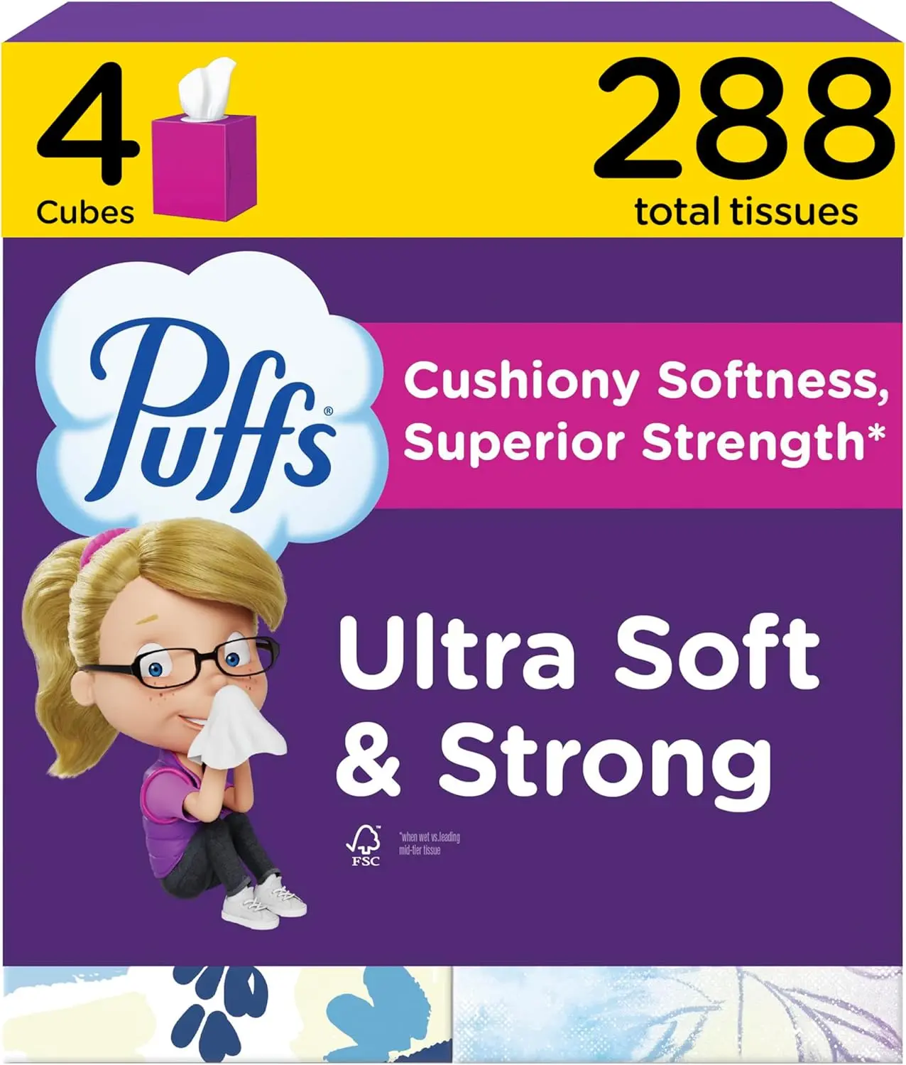 Puffs Facial Tissues Ultra Soft, 4 Mega Cube Boxes, 72 Facial Tissues per Box, Allergies and Colds (Packaging May Vary)