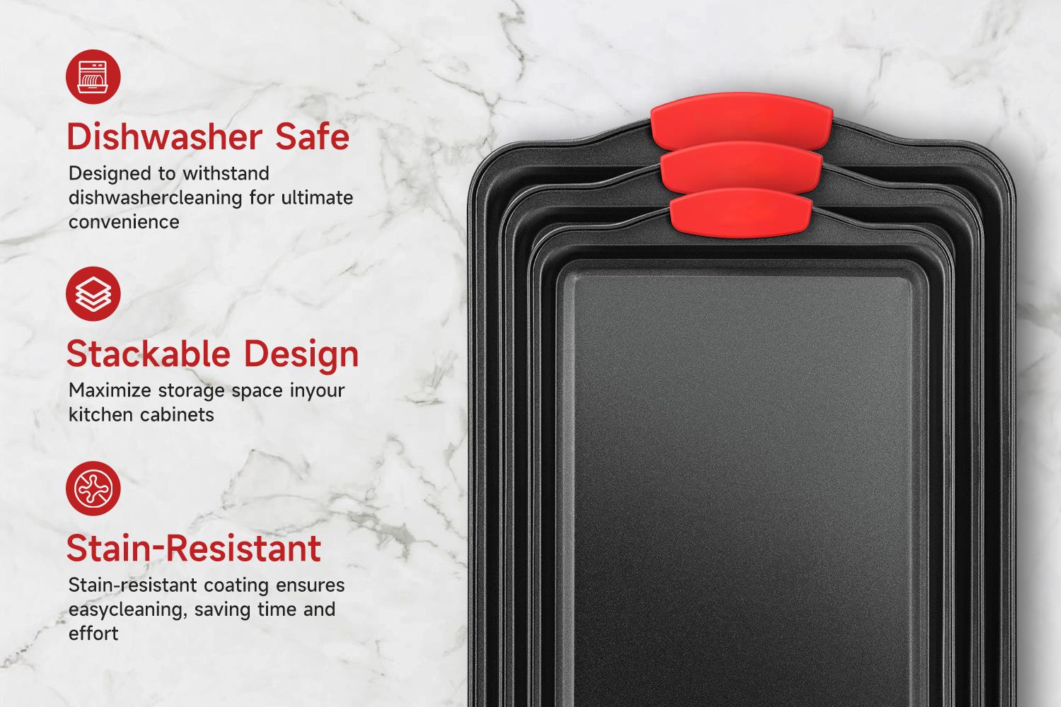LOVEWE 3 PCS Nonstick Kitchen Oven Baking Pans - Premium & Stylish Non-Stick Steel, Commercial Grade Restaurant Quality Metal Bakeware with Red Silicone Handles - Easy to Clean