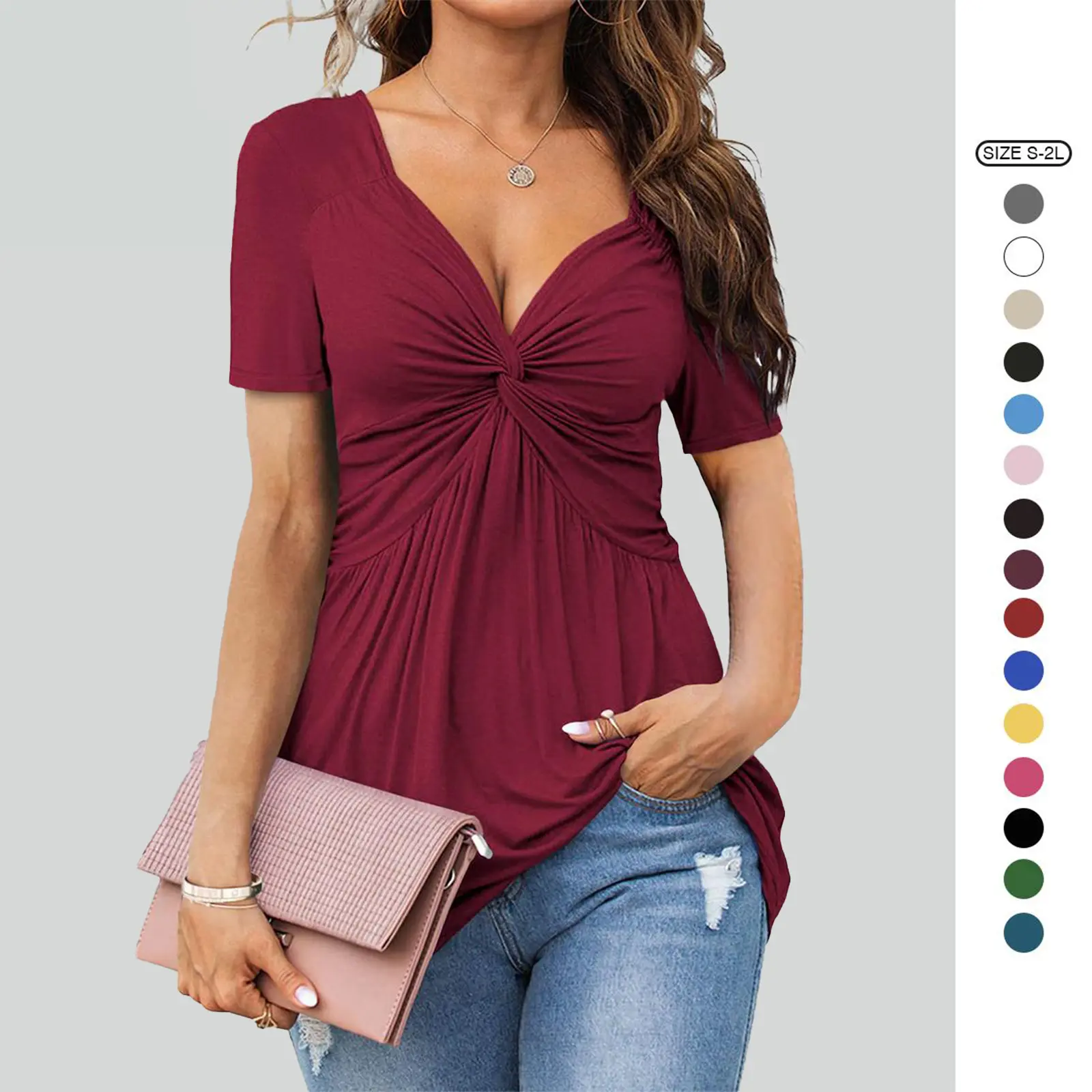 Imily Bela Womens Front Knotted V-Neck Blouse T Shirt Short Sleeve Oversized Tunic Tops Summer Solid Pullover Tees Knitwear