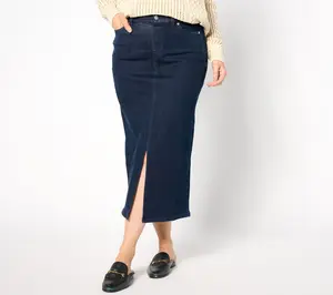 QVC Denim & Co. Petite Indigo Easy-Stretch Denim Midi Skirt for Women