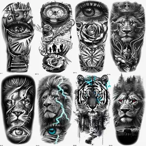 8 Pcs Lion Arm Temporary Tattoo Stickers, Waterproof Tiger Clock Floral 3D Eye Lightning Design, Unisex Leg Arm Fake Sleeve Tattoos, Waterproof Realistic Tattoos