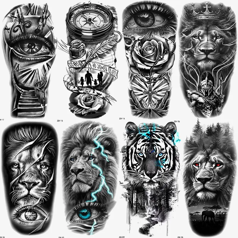 8 Pcs Lion Arm Temporary Tattoo Stickers, Waterproof Tiger Clock Floral 3D Eye Lightning Design, Unisex Leg Arm Fake Sleeve Tattoos, Body Fake Tattoos, Waterproof Realistic Tattoos, Ephemeral Tattoos