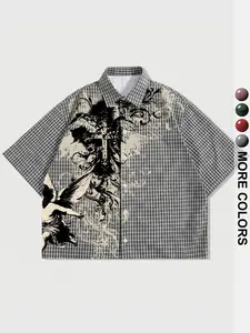 Men's Plaid Blouse, Casual Loose-Fitting Short Sleeve Shirt, Graphic Print, Minimalist Style, Comfortable Outdoor Wear
