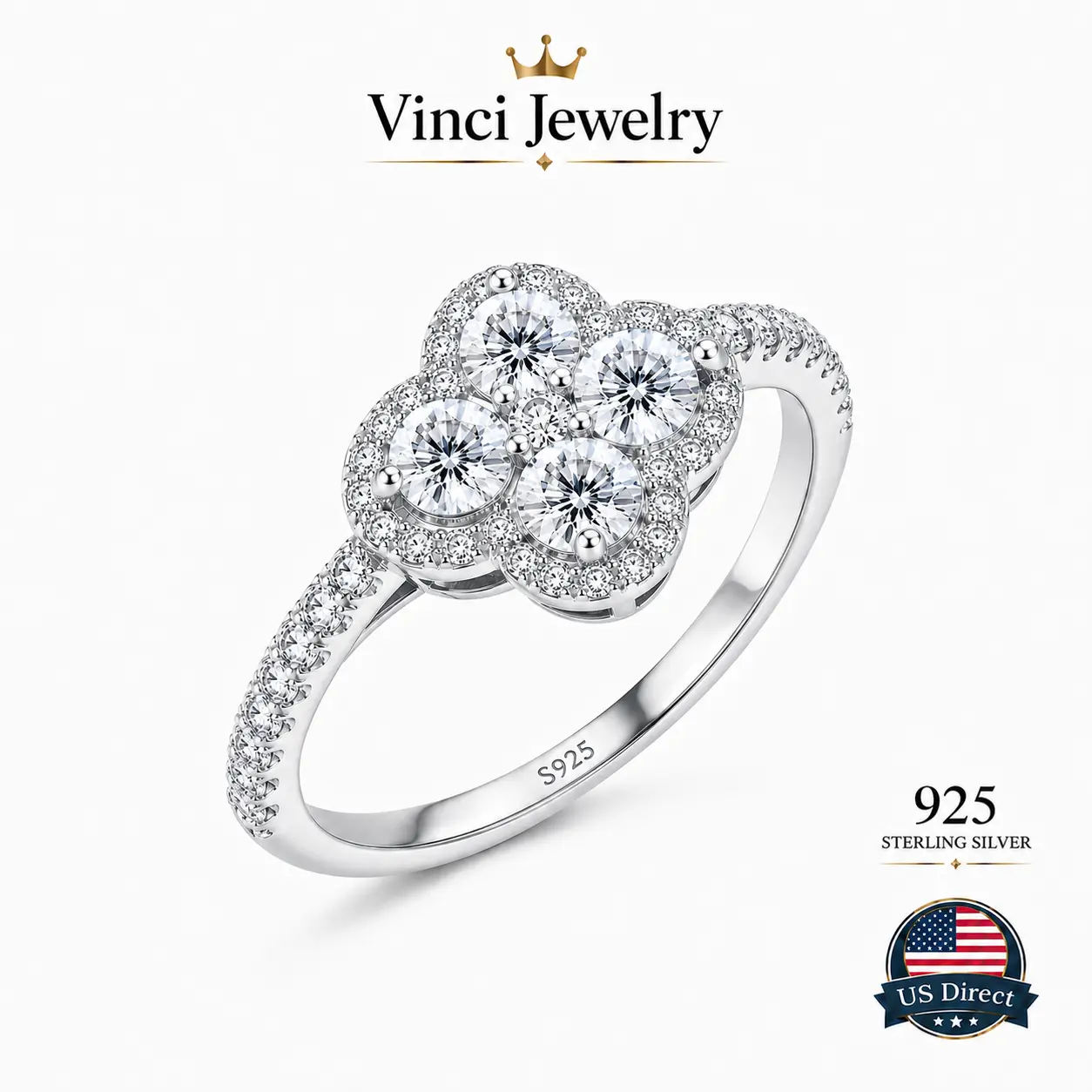 925 sterling silver Vintage Clover Halo Engagement Ring Two Tone Gold And Silver Color Minimalist Quiet Luxury Sparkling Statement Ring Elegant Everyday Jewelry Romantic Gift For Women Girlfriend Wife Bride Modern Classic Style For Daily Wear