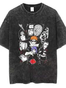 Naruto themed washed vintage style T-shirt, Harajuku street and Japanese retro style top, featuring characters such as Uchiha Itachi, Payne, Obito, etc., and incorporating the Red Cloud logo of the "Morning Organization"