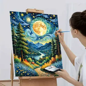 Beginner DIY Adult Digital Painting Kit - Includes Paint, Canvas, Brushes | Moonlit Landscape Paint by Numbers Kit for Adults | 40x50cm/15.74x19.68in, Frameless, Suitable for Home Decor, Family Activities, Father’s Day, Mother’s Day, Black Friday, Hallowe
