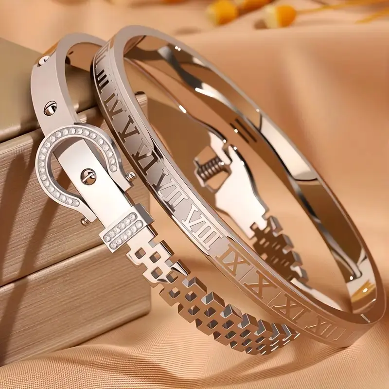 2pcs Vintage multi-color Stainless Steel bracelet set with unique horseshoe Roman pattern design, anti allergic, durable and comfortable, suitable for Men's casual wear and special occasions