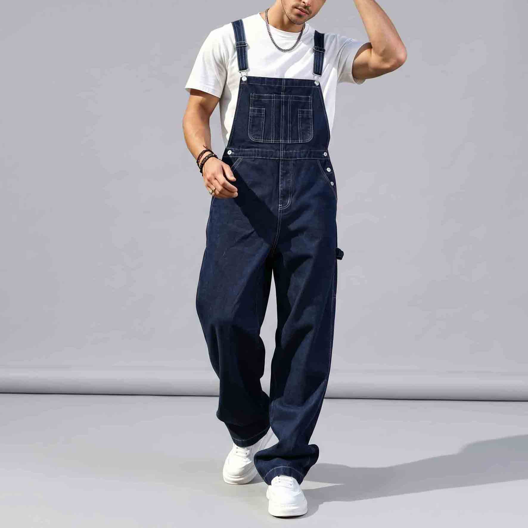 Men's Denim Cargo Overalls - Simple Vintage Fit Casual Wear Clothes, Loose Wide-Leg Multi-Pocket Bib Jumpsuit with Adjustable Straps