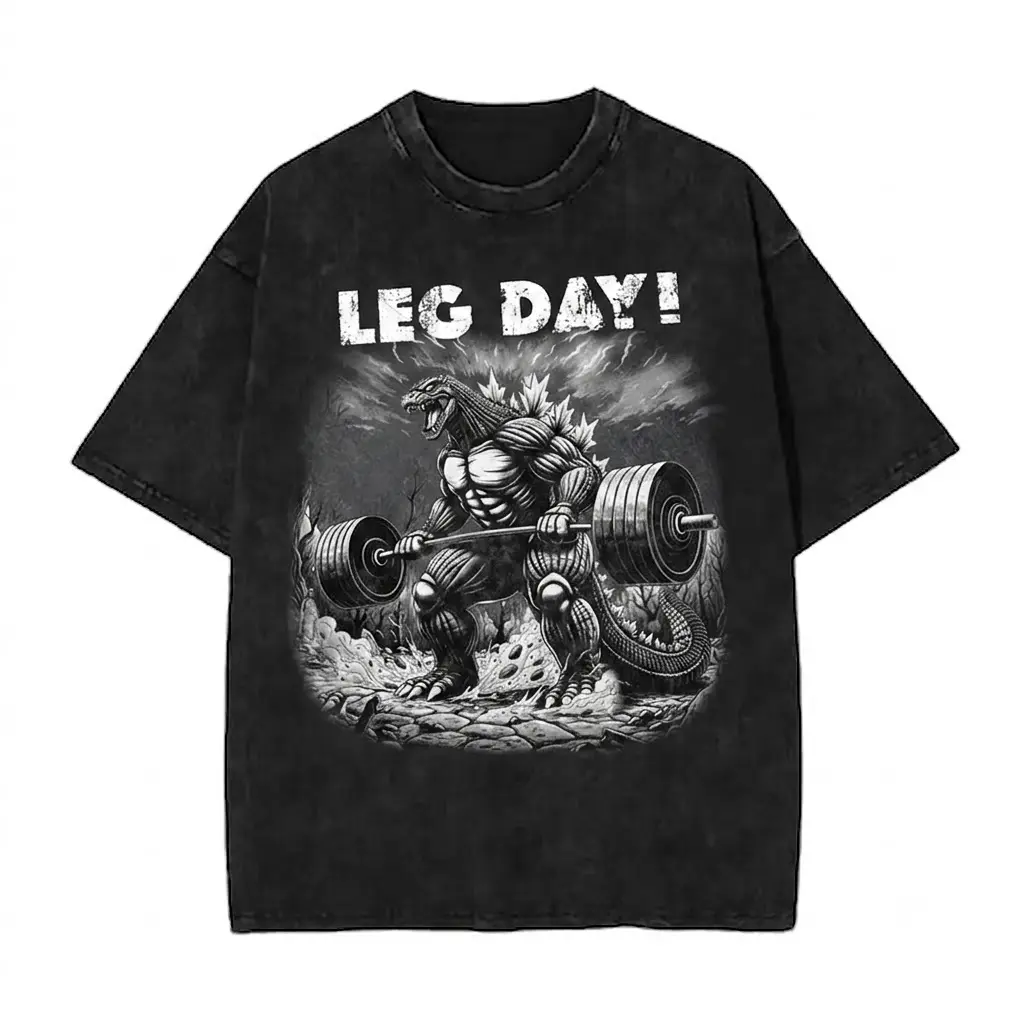 Kaiju Godzilla Monster Lifting Weights Leg Day Acid Wash T-Shirt Men's Oversized Workout Gym Streetwear Top