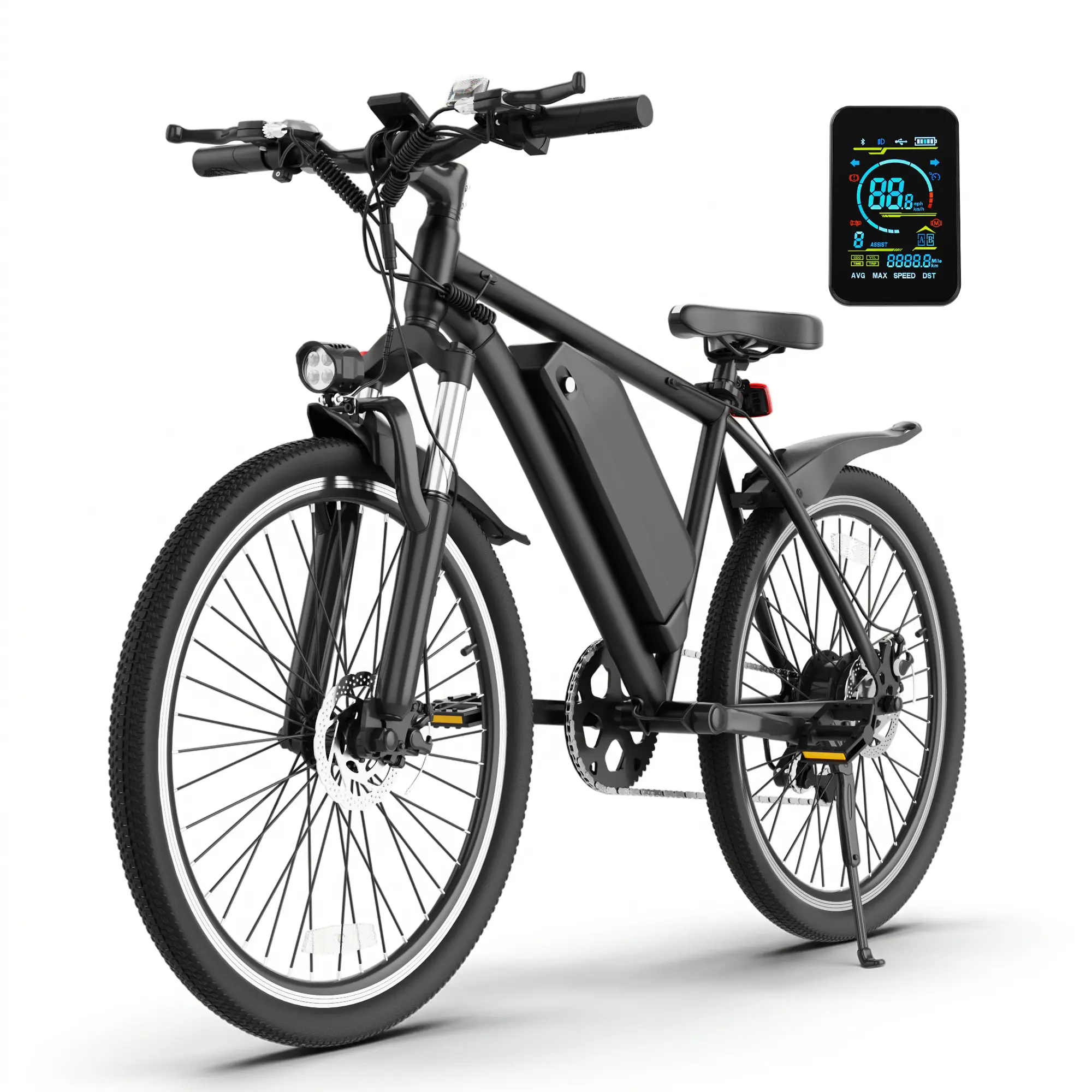 Adult 26-Inch Commuter Mountain Bike - High Carbon Steel Frame, Fat Tires, 7-Speed, 350W Hill Assist Motor, 48V Removable Fast-Charging Lithium-Ion Battery, 22 Mph, LED Display, Front Suspension, Fits Height 5’2”–6’4”, E-Bike