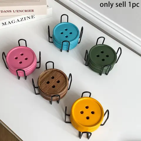 6pcs Original Colorful Button Coaster Set with Cross Iron Stand, Dopamine Round Wooden Kitchen Coasters, Coasters for Drinks, Coffee Cup Holder for Home Decor