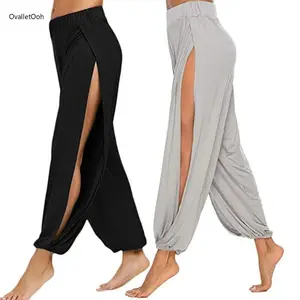 Women's High Slit Hippie Harem Yoga Pants, Casual Loose Athletic Workout Pants for Gym, Fitness & Daily Lounge Wear