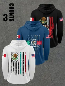 3-Pack Men's Mexican Eagle Cactus Print Hoodie, Loose Fit, Fall Winter Outdoor Casual Wear, Versatile Men's Clothing