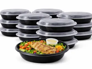 32oz One Time Use Plastic Black BPA Free Food Prep Round Containers, Bento Box, Fast Food Take Out Box, BBQ Box, Portable, Stackable, Extra Thick, Microwavable, Freezer Safe, Disposable, Leak proof, Dish Washer Safe