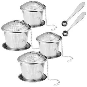 4PCS Tea Infuser Stainless Steel Strainer with 2 Tea Scoop and Drip Dray, Extended Chain Hook, Saucer Loose Leaf Steeper Fine Mesh Ball Tea Filter for Brew Spices Seasonings Fits Cup Mug Bottle