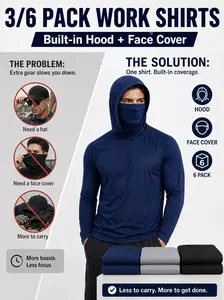 Men’s 6-Pack Hooded Work Shirts with Built-in Face Cover, Breathable Lightweight Long-Sleeve Quick-Dry Performance Tops for Outdoor Work, Construction, Breatheable