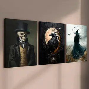 Wooden Framed Canvas Painting, 3 Counts/set Halloween Themed Wall Art, Wall Decor for Home Living Room Bedroom Office, Halloween Decorations
