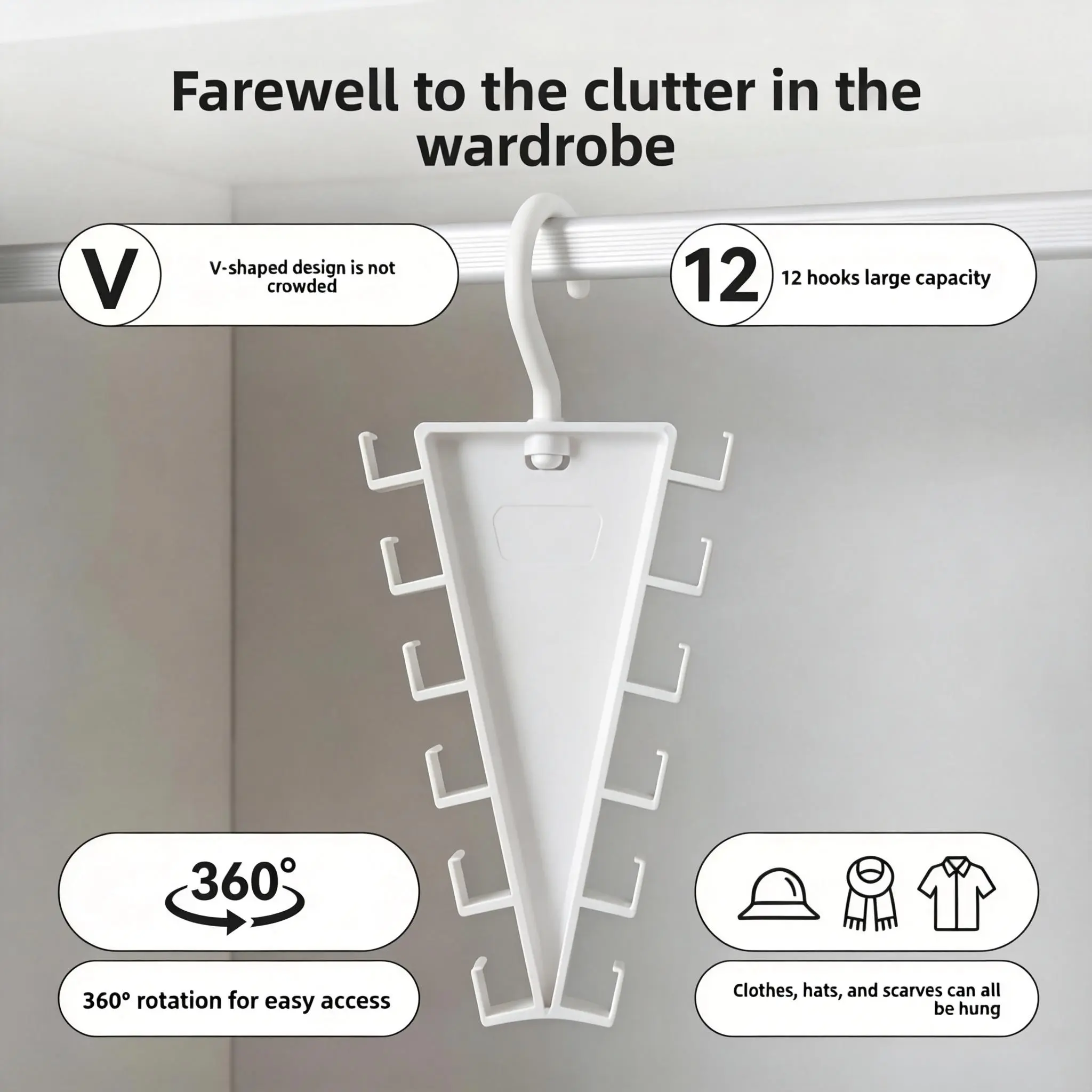 360° Rotatable V-Shaped Double-Sided Wardrobe Hanger with 12 Hooks, Multi-Functional Storage Rack for Hats, Bags, Belts, Accessories for Women (Home Supplies)