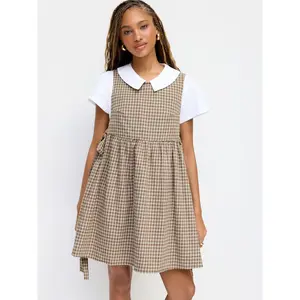 Cider Flannel Round Neckline Tartan Tie Side Knotted Ruffle Hem Mini Dress