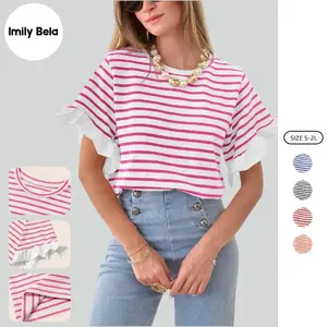 Imily Bela Women Striped Tops Ruffle Sleeve Casual Basic T Shirts Crewneck Short Sleeve Shirt Summer Outfit