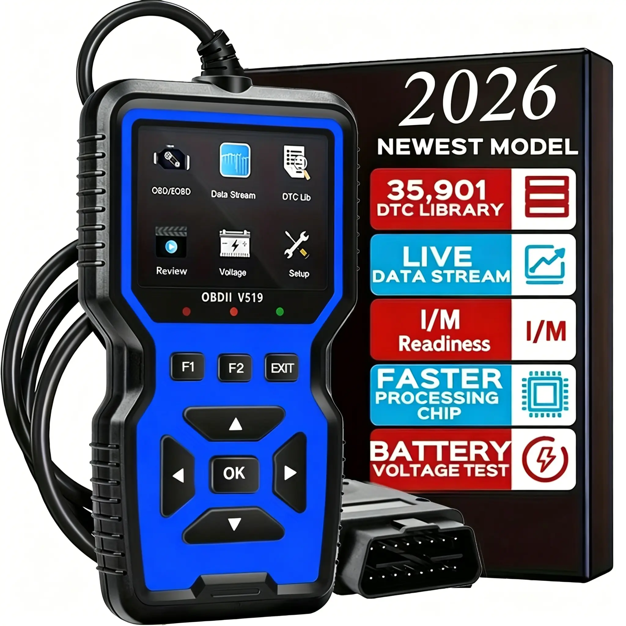 V519 Model Bidirectional OBD2 Car Scanner Diagnostic Tool - Plug-and-Play, 16-Pin Interface, ABS Plastic, 35901 Fault Codes Library, Code Reading/Clearing, Real-Time Data Stream, Oxygen Sensor Tester, Battery Voltage Reading, Mode 6/8 Detection, Bidirecti