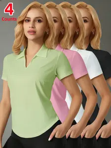 Women's Moisture-Wicking Breathable Polo Shirt Set, Short Sleeve Fitted Casual Sports Top for Running Golf, 4 Piece Pack