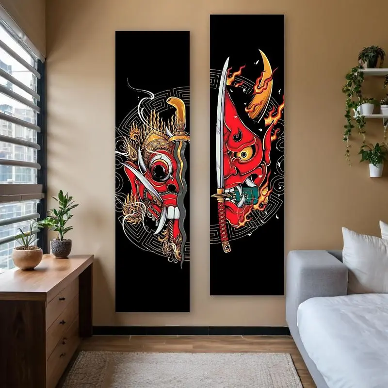 Japanese Oni Demon Pattern Polyester Tapestry, 2 Counts/set Creative Samurai Mask Wall Art, Long Narrow Tapestry, Wall Hanging Decor for Home Living Room Bedroom, Gift