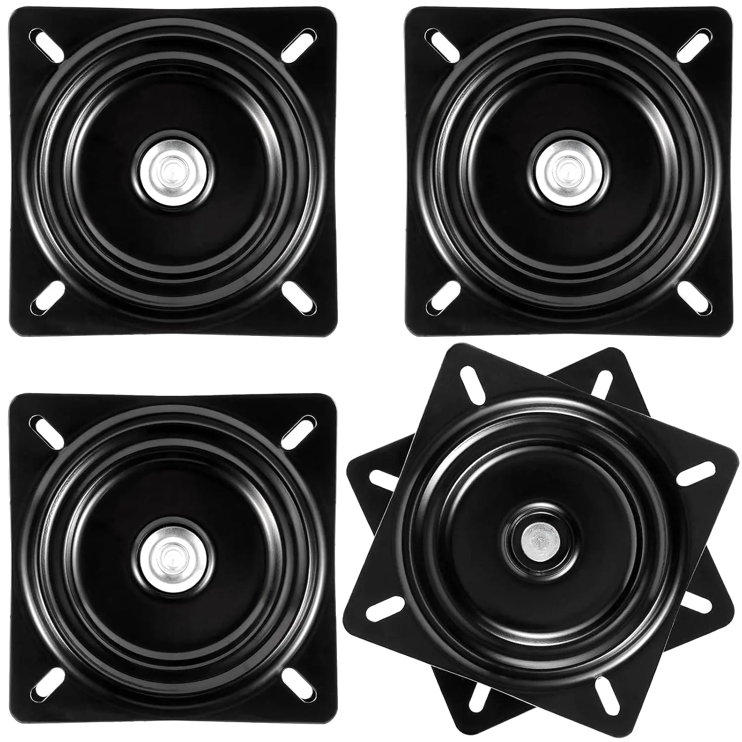 SINJEUN 4-Pack 6in Heavy Duty Square Swivel Plate, 360° Ball Bearing Replacement Mount Base, 300lb Capacity Black Plate for Recliner Chairs & Furniture