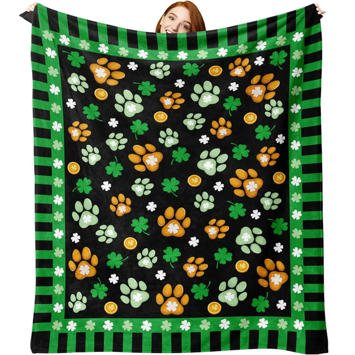 1pc St. Patrick's Day dog and cat paw print flannel blanket, lucky clover blanket, gift for men and women, Irish coin soft blanket, suitable for bedding and sofa