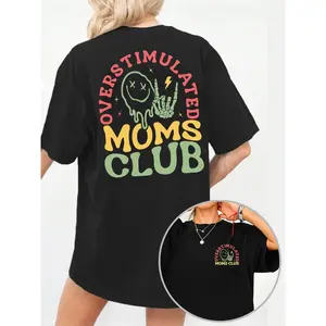 Women's Overstimulated Moms Club Round Neck Graphic Tee, Vintage Trendy Casual Short Sleeve T-shirt for Daily Wear, Ladies Summer Outfit, Top