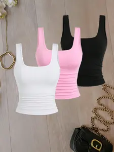 Korean Style Simple Square Neck Slim Fit Everyday Tank Top, Slimming Versatile Multi-Color Three-Piece Set, Chic Fashionable Ladies' Clothing
