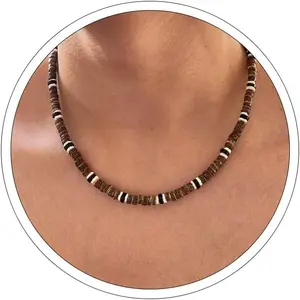 Surfer Necklace for Men Puka Shell Necklace  Beaded Necklaces for Men Hawaiian Coconut Wooden Beads Conch Cowrie Seashell Necklace Summer Beach Mens