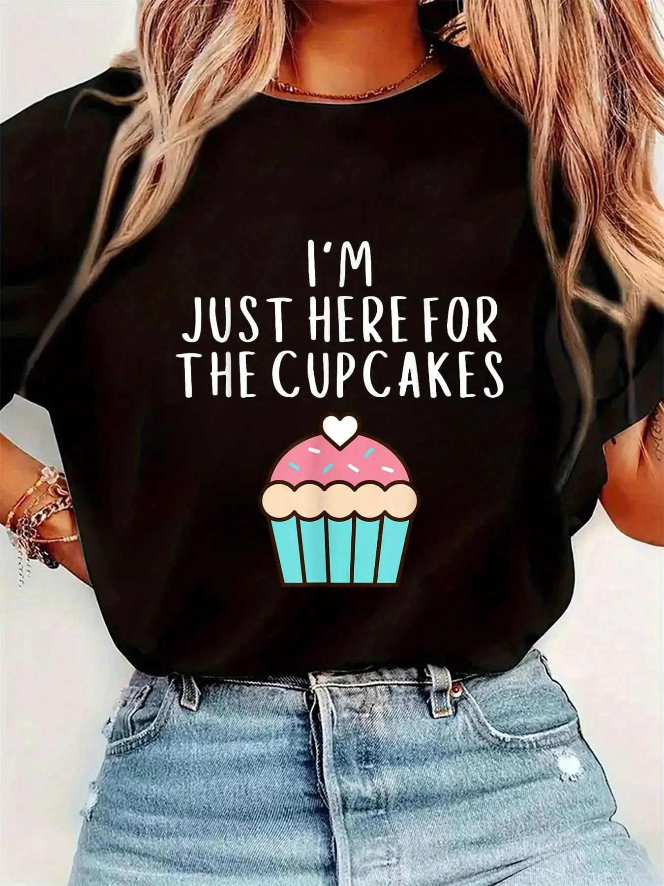 Women's "I'm Just Here For The Cupcakes" Graphic T-Shirt, Round Neck, Short Sleeve, Colorful, Comfortable, Lightweight Casual Pink Dessert Top, Shortsleeve