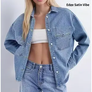 Women's Solid Color Drop Shoulder Denim Jacket, Casual Coat with Pockets, Suitable for All Seasons