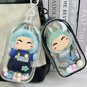 Colorful Transparent Protector Case Organizer Box for 17cm Labubu Plush Dolls Outdoor Display Bag With Handmade Keychain Doll labubu Accessories