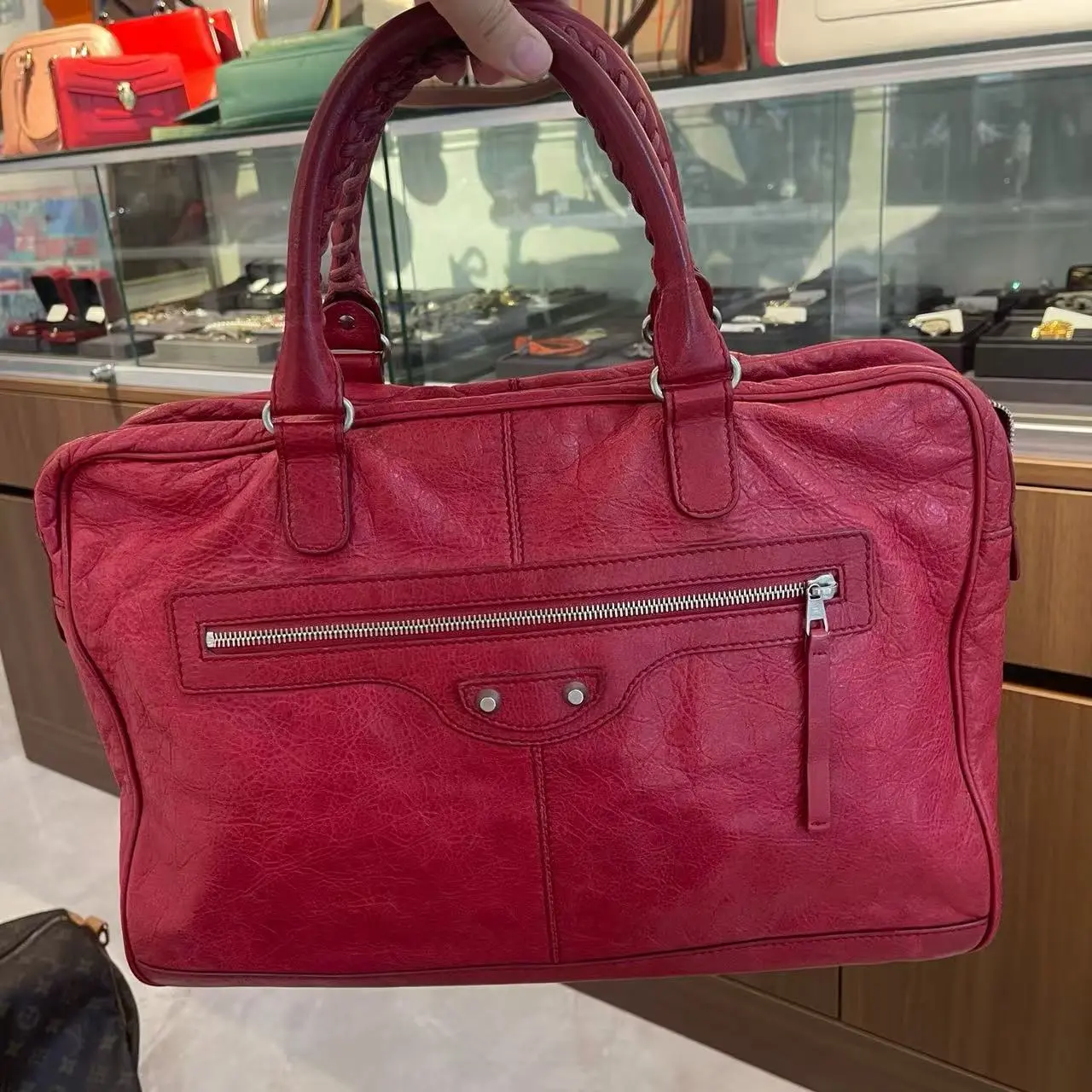 Pre-owned Balenciaga Preloved Red Classic Work Bag Braided Top Handle Silver Hardware Handbag