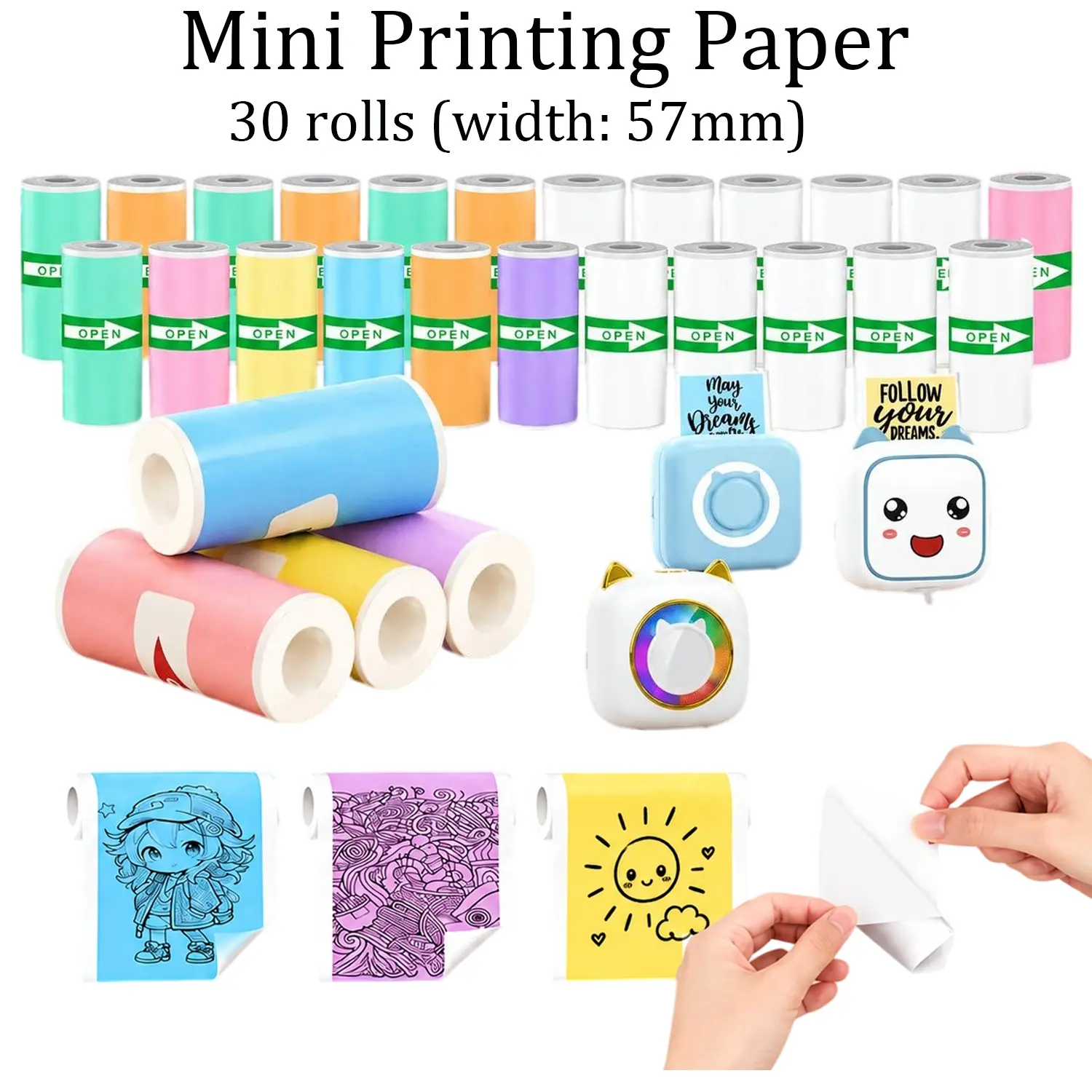 30-roll pack of mini printer labels; white thermal labels for mini portable printers; self-adhesive thermal paper; 57 x 25 mm