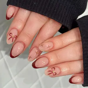 24pcs Short Oval Acrylic False Nails Set, Cute Bow Design, French Manicure, Glossy Finish, Perfect for Women and Girls