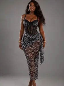 Sculpt Touch Leopard Print Shapewear Dress Tummy Control Bodycon Maxi Dress with Built-in Corset Sexy Slim Fit Fabric