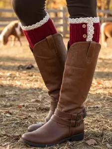 NEW Women's Western Style Boot Covers Red Acrylic Knit Crochet Lace Trim with White Crochet & Brown Buttons One Size Fits Most