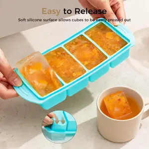 Silicone Freezer Tray With Lid - Silicone Freezer Food Molds- Large Ice Cube Tray,Silicone Freezer Container,Freeze & Store Soup, Sauce, Broth,Leftovers - Makes 4 Perfect 1 Cup