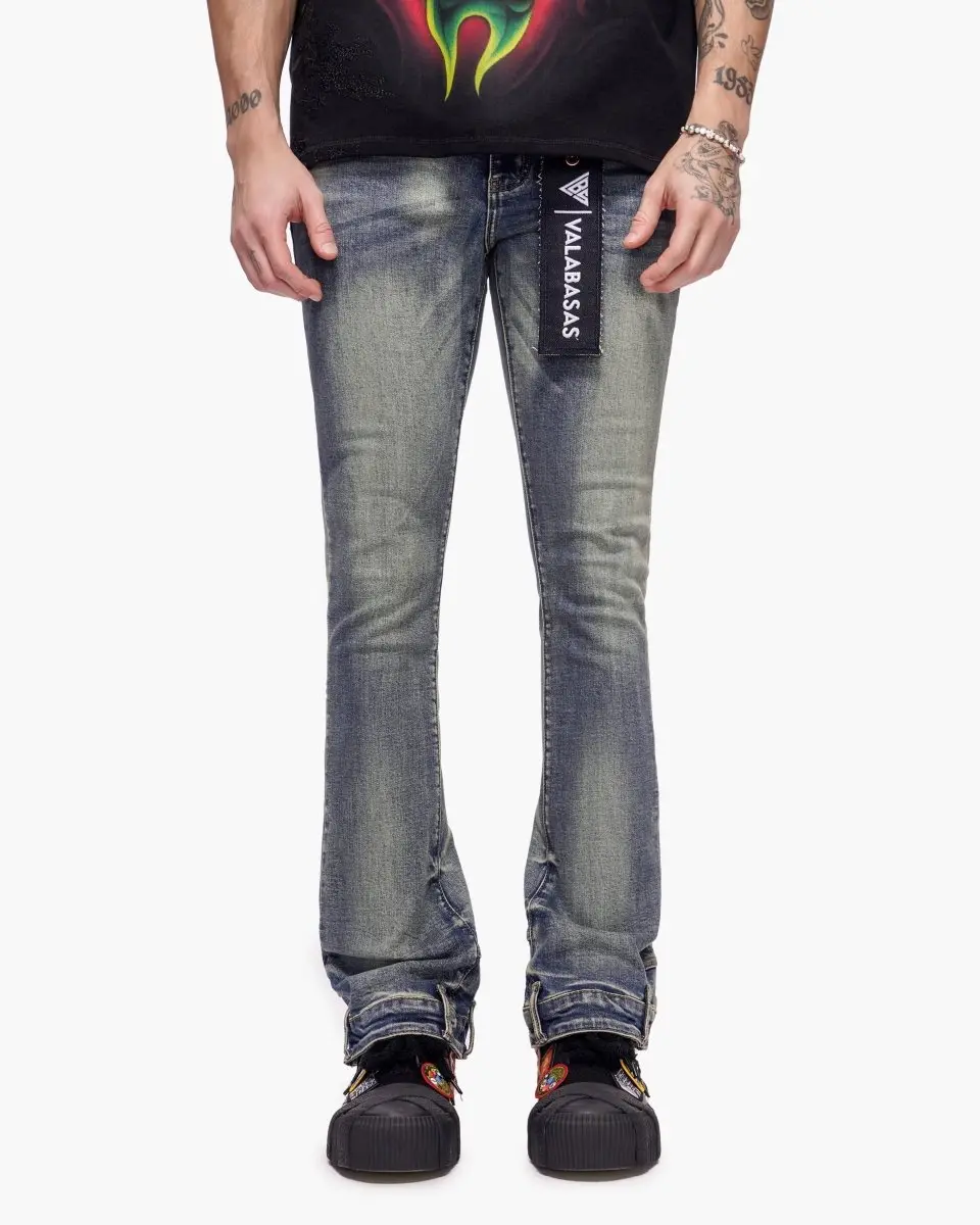 Men's Classic Jeans in a Stacked Slim Fit, Blue Washed Denim Fabric for Casual Streetwear Clothes, Streetwear Clothing, Stacked Silhouette, Stacked Cut