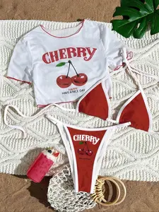 Women's Short Sleeve Bikini Cover-Up Set, Three-Piece Halter Neck Swimsuit Top, Printed Belted Design, Fashionable Beachwear, Swimsuit Style Bikini