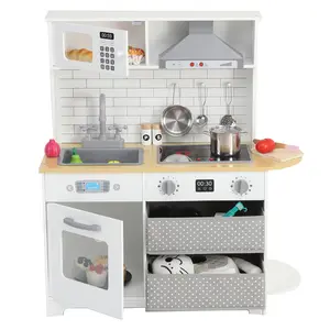 Garvee Wooden Pretend Play Kitchen Set with Stove, Oven, Sink, 2 Drawers, and 17 Food and Cooking Utensil Pieces for Imaginative Role Play