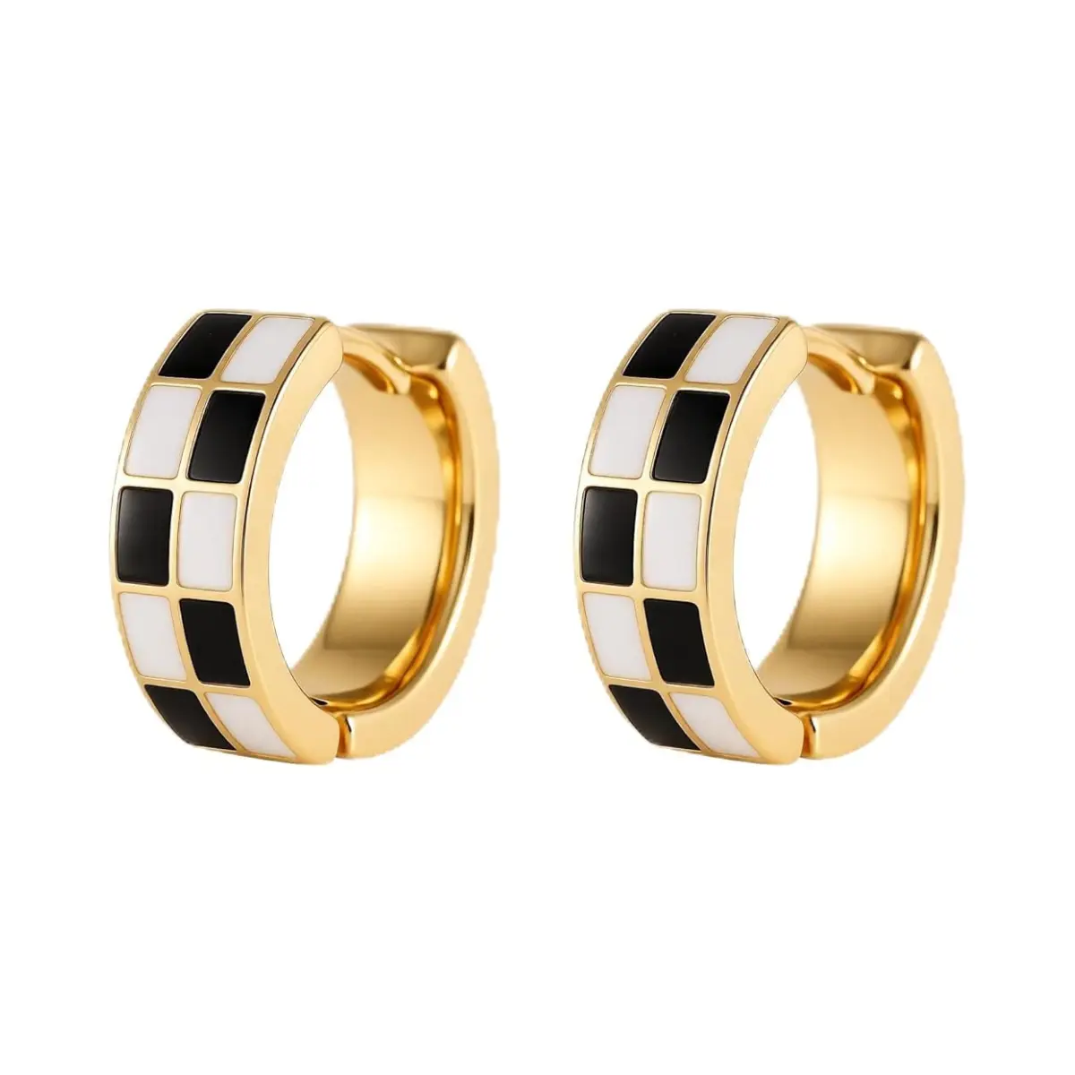 Checker Hoop Earrings for Women Black White Enamel Small Hoops Hypoallergenic Gold Silver Tone